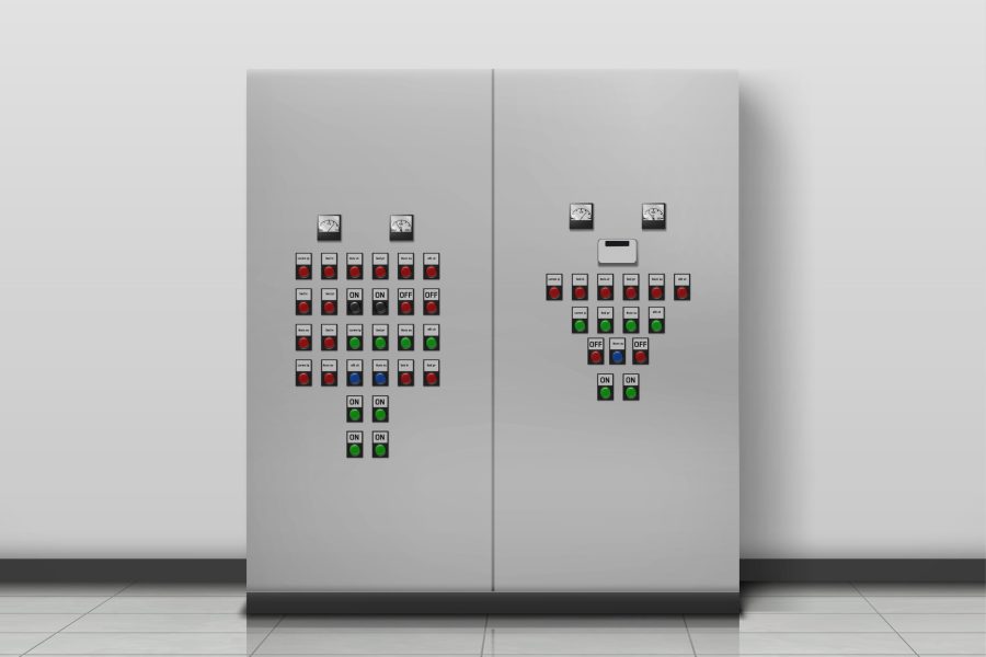 Substation room. Electrician equipment, technical generator. Transformer to increase or decrease voltage of electric current and control panel with on and off buttons Realistic 3d vector illustration
